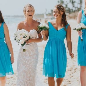 Short Malibu Blue David’s Bridal Dress w Cowl Back